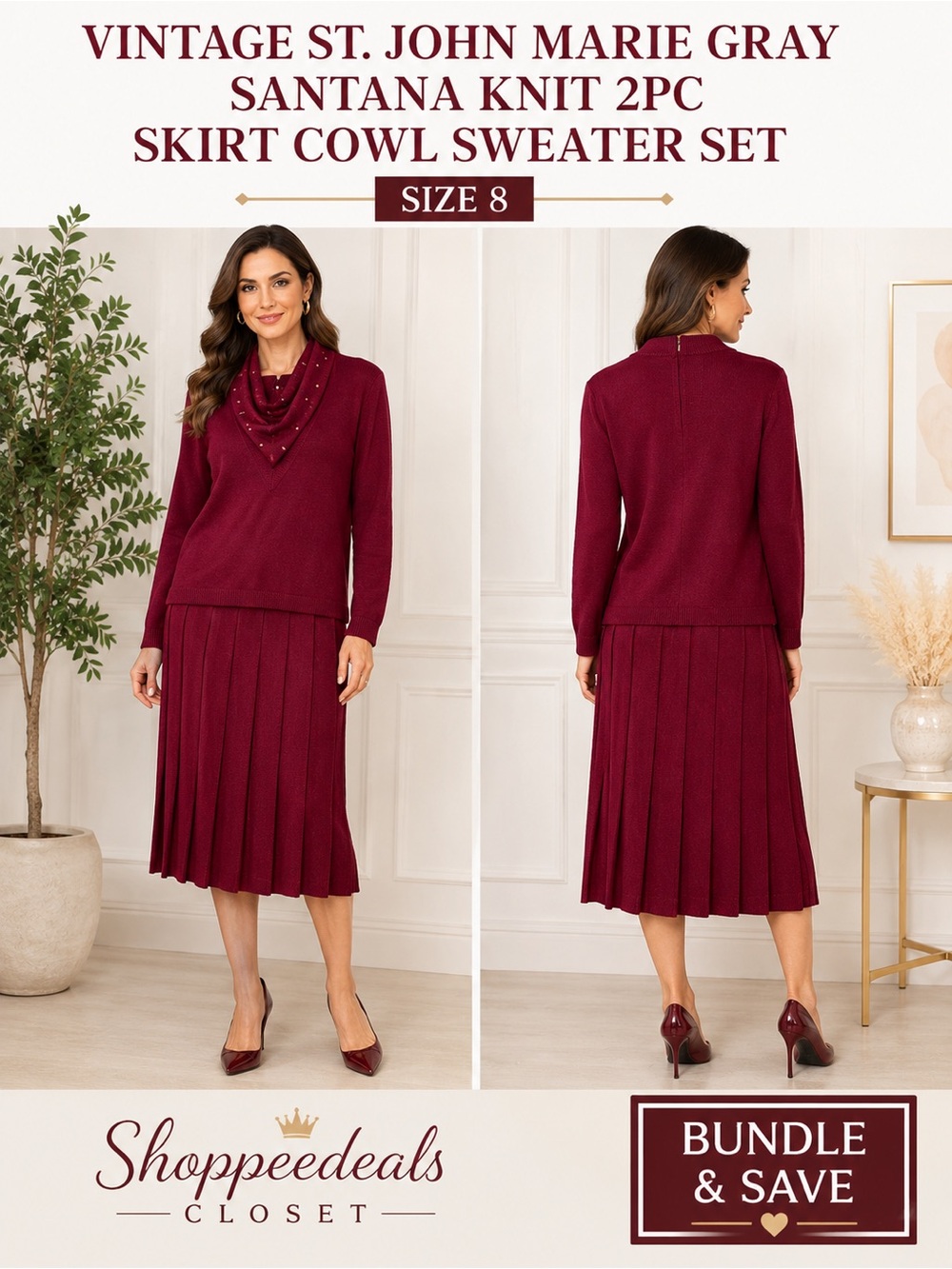 Vintage St. John Marie Gray Santana Knit 2PC Skirt Cowl Sweater Set Size 8